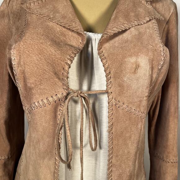 Bebe Jacket Womens Small Pink Genuine Leather Scallop Boho Y2K Tie Front 90s - Picture 4 of 16